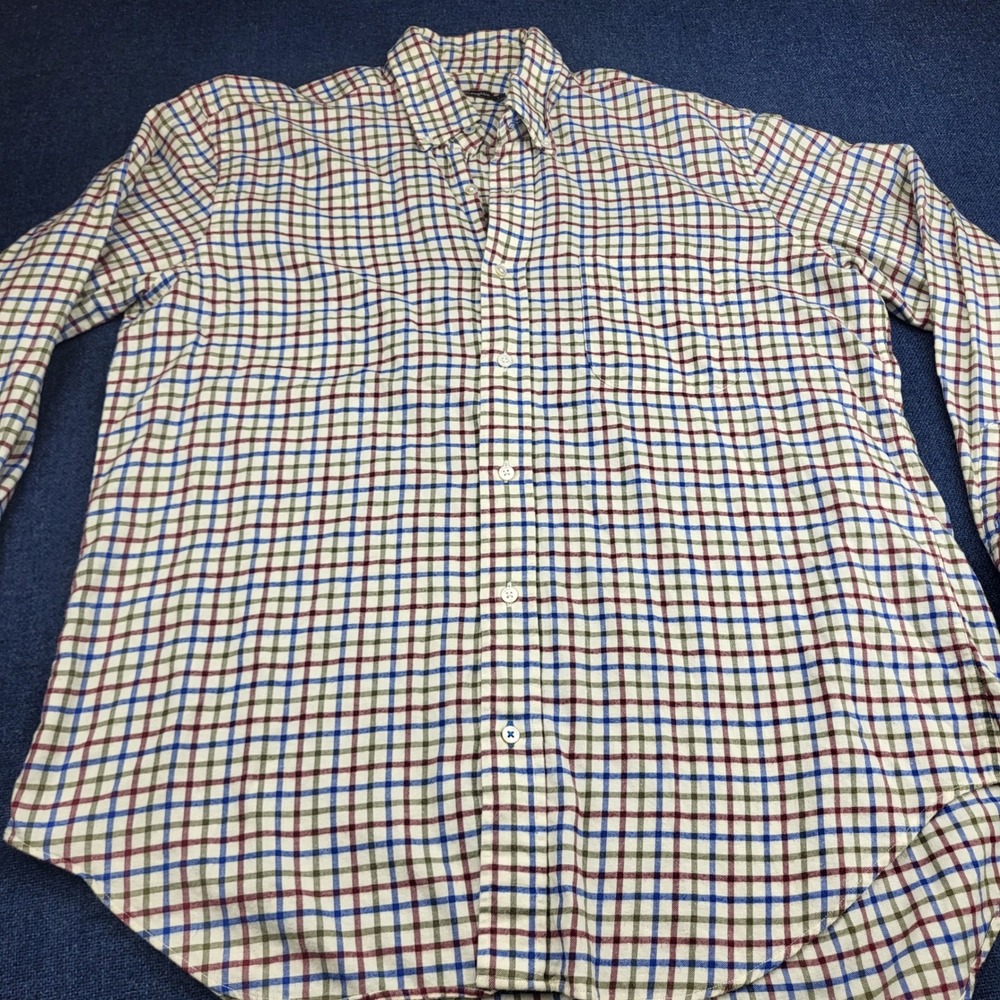 J.McLaughlin Mens Large Tattersall Check Button Down Shirt Blue Green Burgundy L